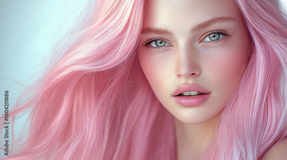 A woman with pink hair and green eyes. She has a pinkish face with a pinkish hair A woman with pink hair and green eyes. She has a pinkish face with a pinkish hair