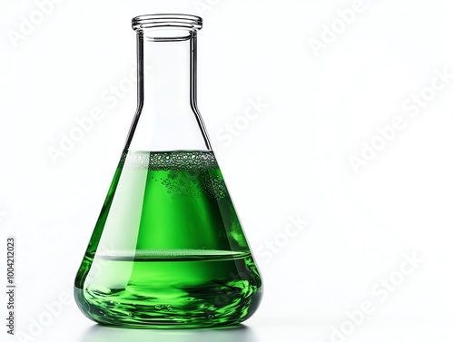 Erlenmeyer flask with green liquid, lab glassware, realistic reflection, isolated on white background