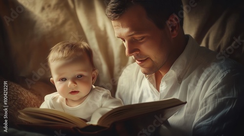 A tender moment between a Caucasian father and his baby as they enjoy story time together.