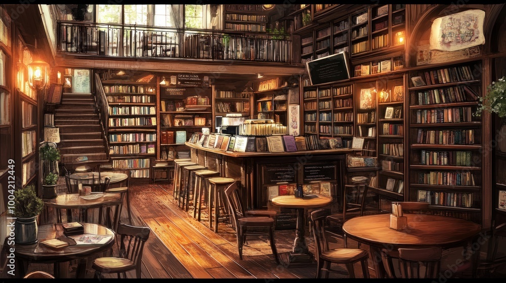 A cozy, inviting library with wooden shelves filled with books, warm lighting, and small tables for reading. A cozy, inviting library with wooden shelves filled with books, warm lighting, and small tables for reading.