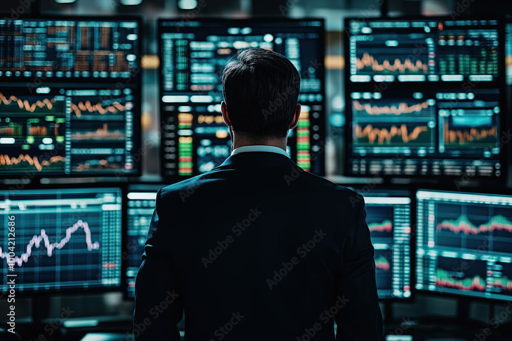 business man silhouette in suit watching cyber stock charts on multiple colorful screens, graphs on dark background, photorealistic business man silhouette in suit watching cyber stock charts on multiple colorful screens, graphs on dark background, photorealistic