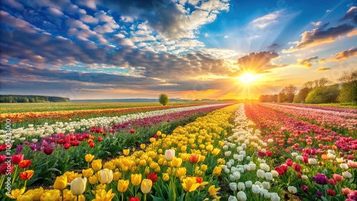 Flower field in sunlight spring or summer garden background Panoramic