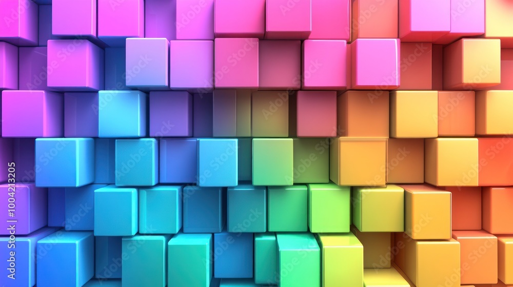 A vibrant display of 3D cubes in a rainbow gradient, creating a lively and dynamic atmosphere. A vibrant display of 3D cubes in a rainbow gradient, creating a lively and dynamic atmosphere.