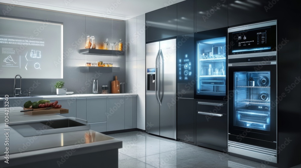 Modern Kitchen with Smart Refrigerator and Oven. Modern Kitchen with Smart Refrigerator and Oven.