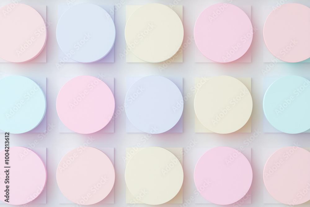 Fototapeta premium Abstract pastel circle pattern with soft colors in pink, blue, and cream tones, creating a minimalist geometric design background