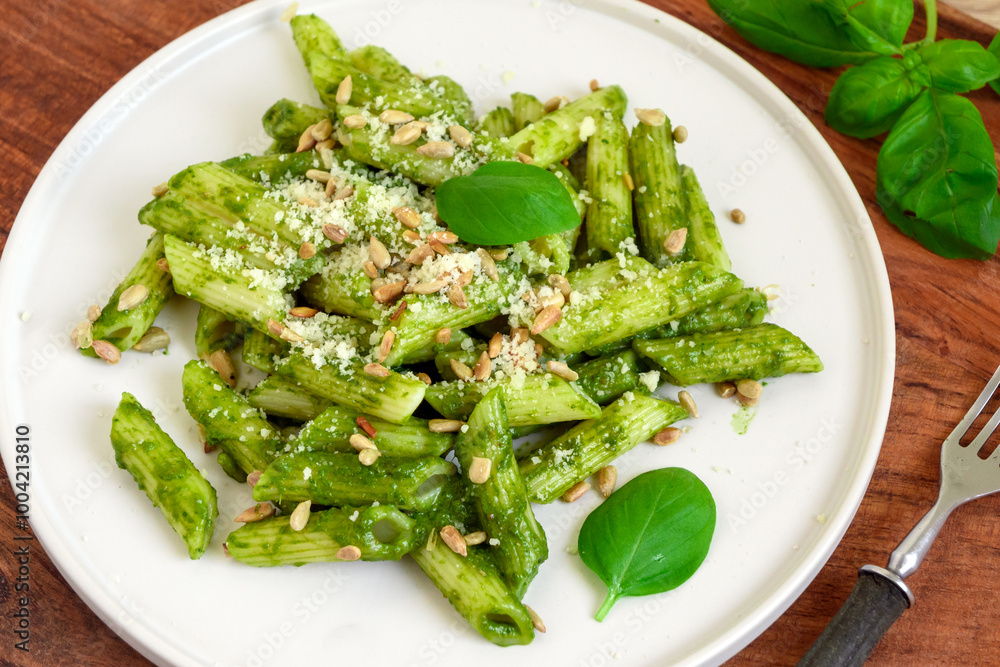 Pasta penne with fresh basil pesto, grated cheese and sunflower seeds Pasta penne with fresh basil pesto, grated cheese and sunflower seeds