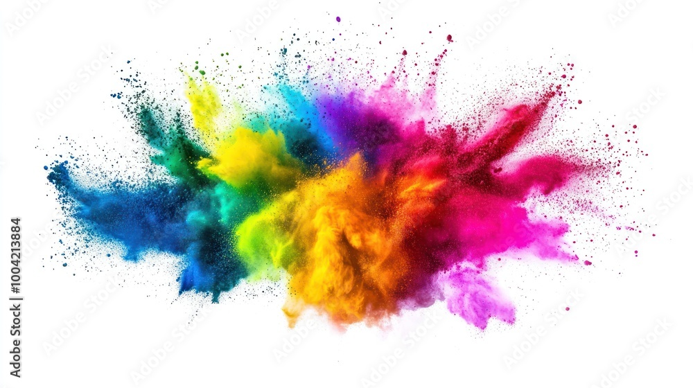 A vibrant explosion of colorful powder in shades of blue, green, yellow, pink, and purple against a white background. A vibrant explosion of colorful powder in shades of blue, green, yellow, pink, and purple against a white background.