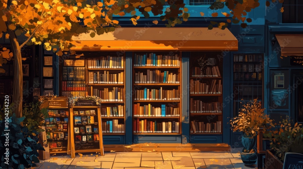 A cozy bookstore front with warm lighting and vibrant autumn leaves creating a welcoming atmosphere. A cozy bookstore front with warm lighting and vibrant autumn leaves creating a welcoming atmosphere.