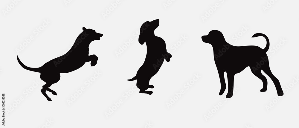 Dog silhouette collection vector. Dog in various poses and activities like jumping, sitting, running, playing, and standing. Silhouette black puppies, pet dog vector Dog silhouette collection vector. Dog in various poses and activities like jumping, sitting, running, playing, and standing. Silhouette black puppies, pet dog vector