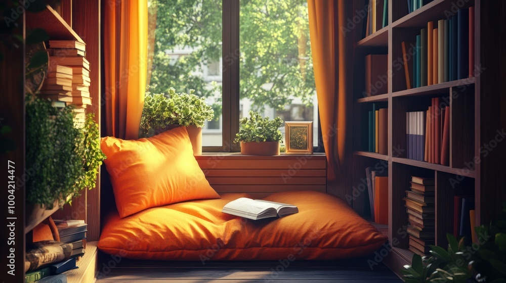 A cozy reading nook with an orange cushion, surrounded by books and greenery, illuminated by natural light. A cozy reading nook with an orange cushion, surrounded by books and greenery, illuminated by natural light.
