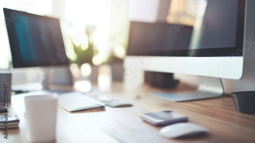 Wallpaper Mural A modern workspace featuring computers, a keyboard, and minimalist decor. Torontodigital.ca