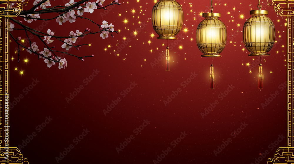 A luxurious red and gold background with Chinese lanterns and blossoms. Perfect for Lunar New Year, Christmas or festive designs. Evoking warmth, prosperity and celebration. A luxurious red and gold background with Chinese lanterns and blossoms. Perfect for Lunar New Year, Christmas or festive designs. Evoking warmth, prosperity and celebration.