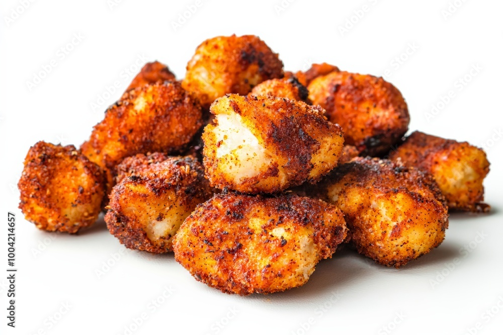 A pile of fried popcorn chicken on a white background, golden and crispy, with a light dusting of spices and crunchy coating, ready to eat A pile of fried popcorn chicken on a white background, golden and crispy, with a light dusting of spices and crunchy coating, ready to eat