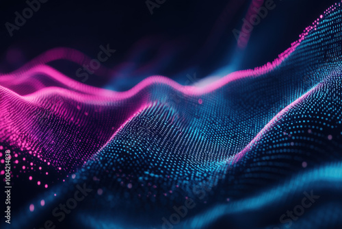 Captivating abstract waves of vibrant pink and blue light undulating in a digital universe, creating a mesmerizing visual experience. Generative AI