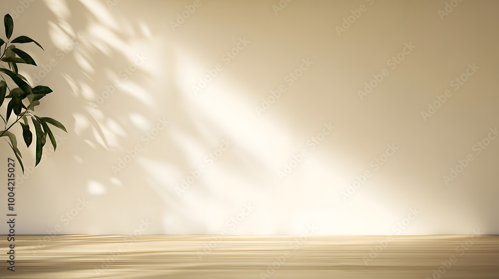 Beige Flooring and Walls in Sunlit Room with Leaf Shadows as Background for Product Presentation Beige Flooring and Walls in Sunlit Room with Leaf Shadows as Background for Product Presentation