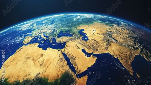 A stunning view of Earth highlighting the Middle East and surrounding regions from space.