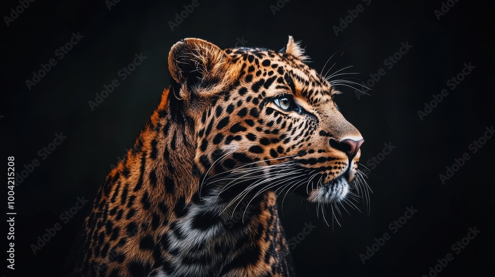 A powerful portrait of a majestic leopard against a black background, capturing the beauty and strength of this wild predator. A powerful portrait of a majestic leopard against a black background, capturing the beauty and strength of this wild predator.