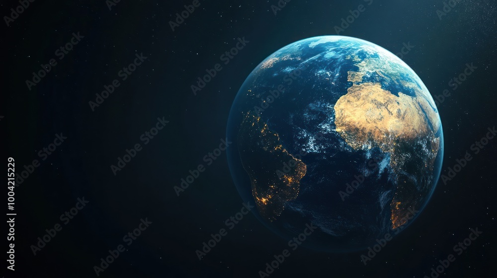 Fototapeta premium A stunning view of Earth from space, illuminated by city lights and enveloped in a dark cosmic backdrop.