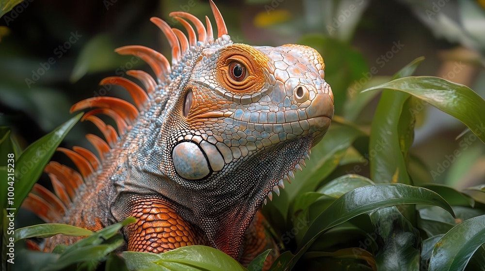Fototapeta premium iguana subtly camouflaged among vibrant green foliage its textured skin blending seamlessly into the lush surroundings creating an intriguing peek into natures beauty