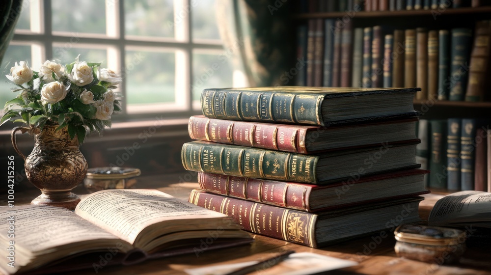 A cozy scene featuring antique books, a vase of roses, and a sunlit window, perfect for a relaxing reading atmosphere. A cozy scene featuring antique books, a vase of roses, and a sunlit window, perfect for a relaxing reading atmosphere.
