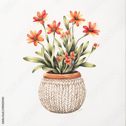 A vibrant illustration of flowers in a woven pot, showcasing nature's beauty.