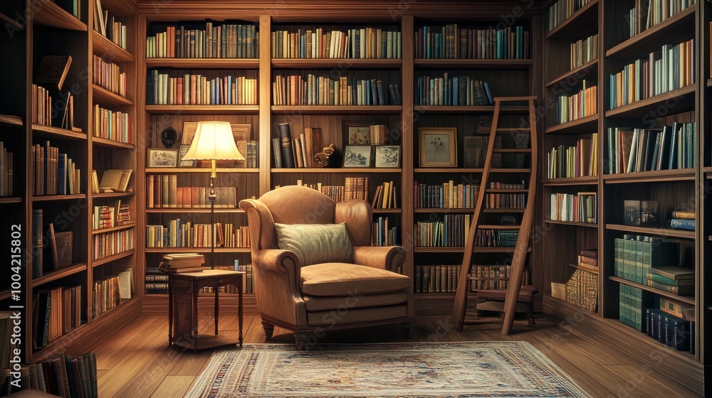 Cozy reading nook featuring a plush armchair, warm lighting, and a wall of bookshelves filled with colorful books. Cozy reading nook featuring a plush armchair, warm lighting, and a wall of bookshelves filled with colorful books.