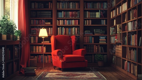 A cozy reading nook featuring a plush red armchair surrounded by shelves of books and warm lighting.