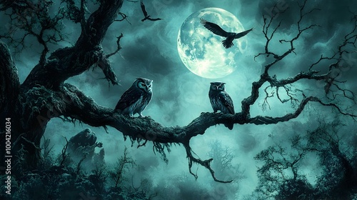 Wallpaper Mural A spooky Halloween themed nature scene featuring a dark mystical forest with several large majestic owls perched in gnarled twisting tree branches Torontodigital.ca