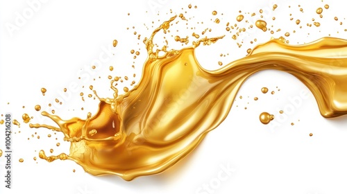 Liquid gold splashes artistically against a stark white background, creating a vibrant and dynamic visual effect.