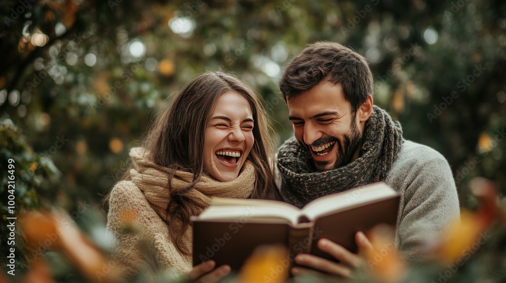 A joyful couple, a Caucasian woman and man, share a laugh while reading a book together in a cozy outdoor setting. A joyful couple, a Caucasian woman and man, share a laugh while reading a book together in a cozy outdoor setting.