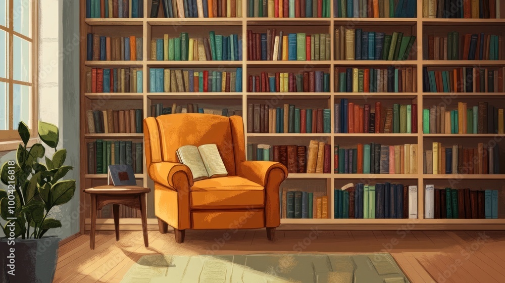 A cozy reading nook featuring an orange armchair next to a bookshelf filled with colorful books, creating a warm and inviting atmosphere. A cozy reading nook featuring an orange armchair next to a bookshelf filled with colorful books, creating a warm and inviting atmosphere.