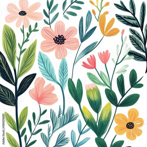 A vibrant illustration of various flowers and leaves in a colorful, decorative design.