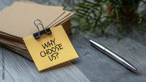 Why choose us symbol. Concept word Why choose us on beautiful yellow paper? White table with brown background. Business motivational why choose us concept. Copy space
