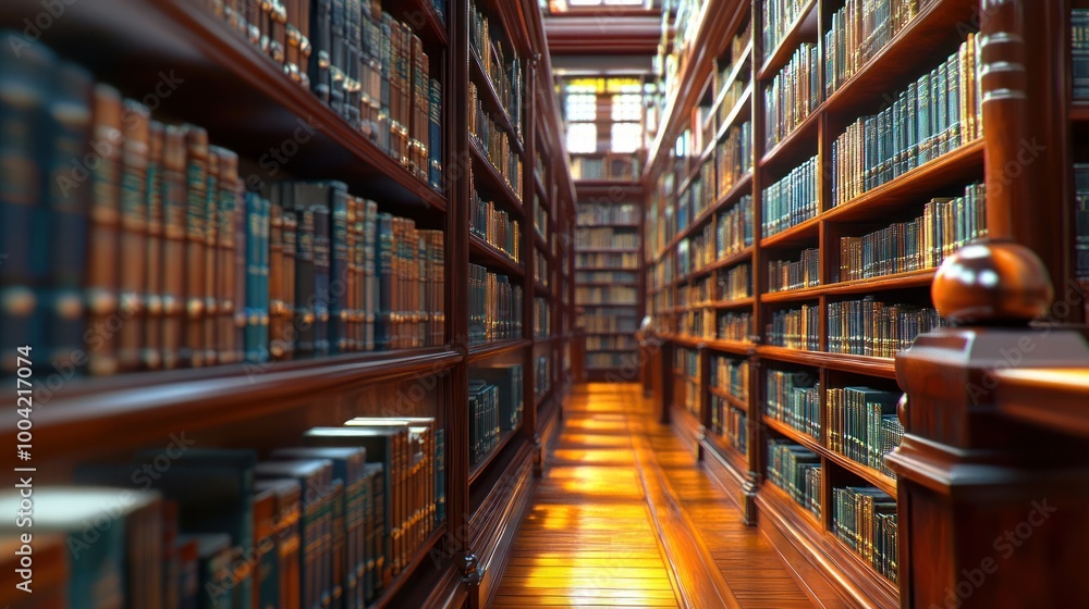 A serene view of a grand wooden library filled with rows of books, evoking a sense of knowledge and tranquility. A serene view of a grand wooden library filled with rows of books, evoking a sense of knowledge and tranquility.