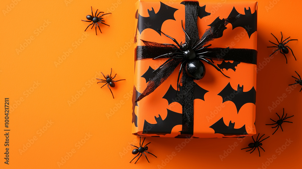 Halloween gift box with eerie black bats and spiders, placed on a vibrant orange background, perfect for spooky celebrations and festive Thanksgiving