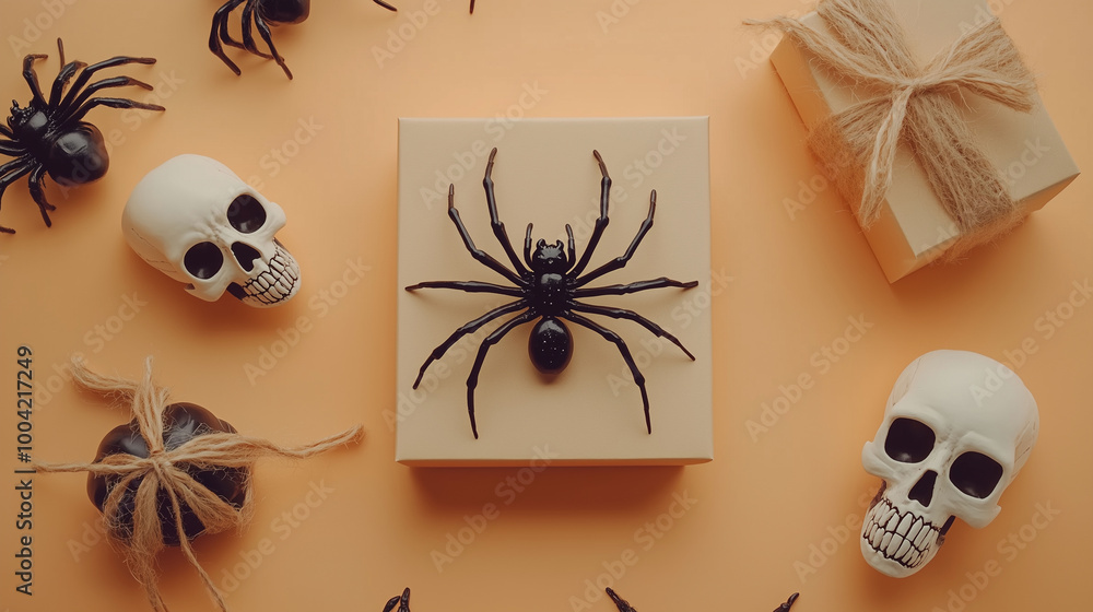 Creative Halloween greeting card copy space framed by spooky elements like a spider, a skull, and a small gift box, set against a light orange background