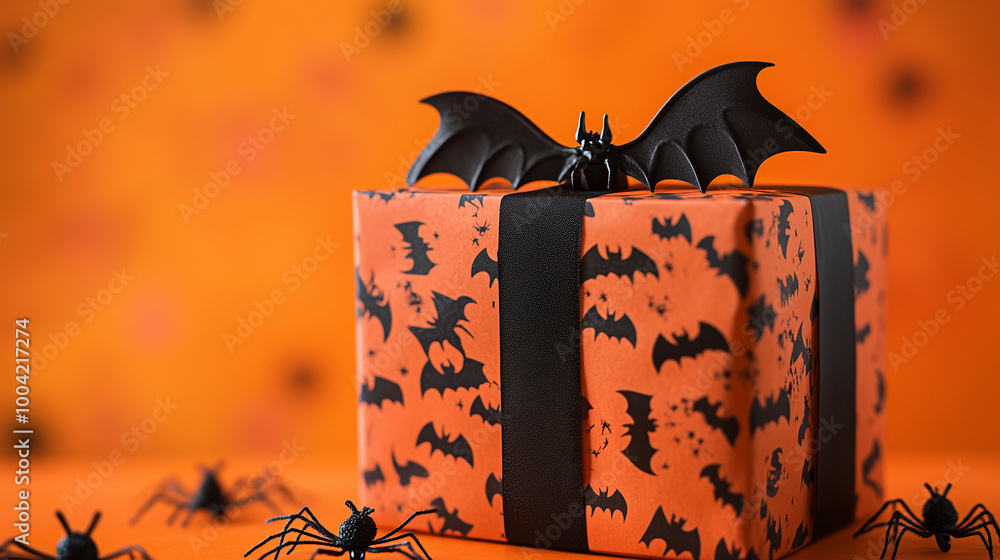 Halloween gift box with eerie black bats and spiders, placed on a vibrant orange background, perfect for spooky celebrations and festive Thanksgiving
