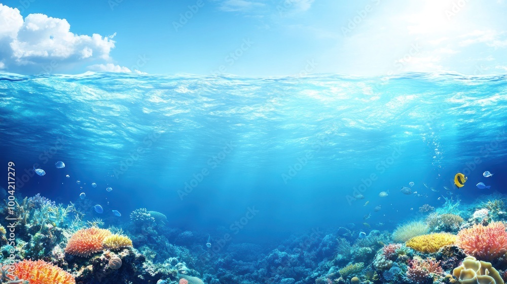 Naklejka premium Vibrant underwater scene with colorful corals and schools of fish swimming in clear blue water.