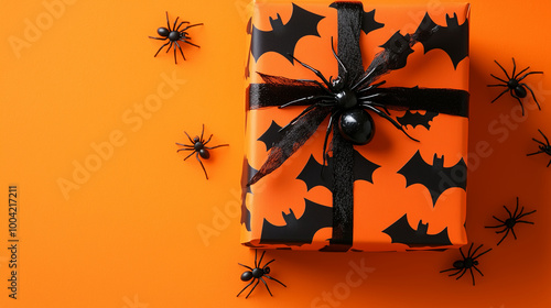 Halloween gift box with eerie black bats and spiders, placed on a vibrant orange background, perfect for spooky celebrations and festive Thanksgiving