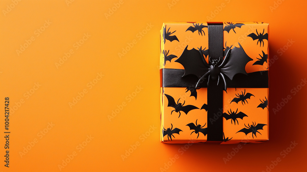Halloween gift box with eerie black bats and spiders, placed on a vibrant orange background, perfect for spooky celebrations and festive Thanksgiving
