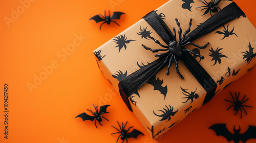 Obraz na płótnie Halloween gift box with eerie black bats and spiders, placed on a vibrant orange background, perfect for spooky celebrations and festive Thanksgiving w salonie