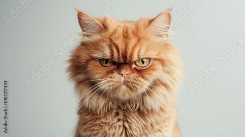 An orange Persian cat with an expressive face, showcasing a mood of displeasure, against a plain background.