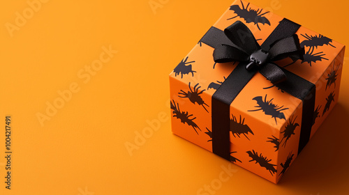 Obraz na płótnie Halloween gift box with eerie black bats and spiders, placed on a vibrant orange background, perfect for spooky celebrations and festive Thanksgiving w salonie