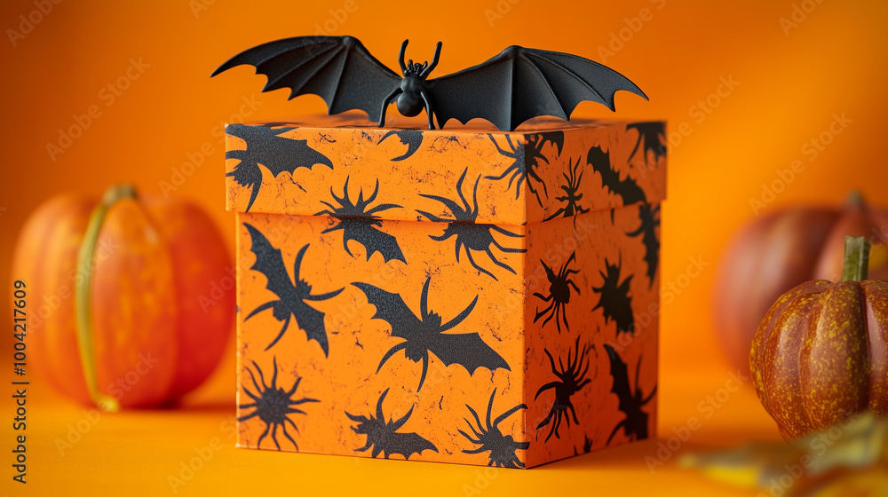 Halloween gift box with eerie black bats and spiders, placed on a vibrant orange background, perfect for spooky celebrations and festive Thanksgiving