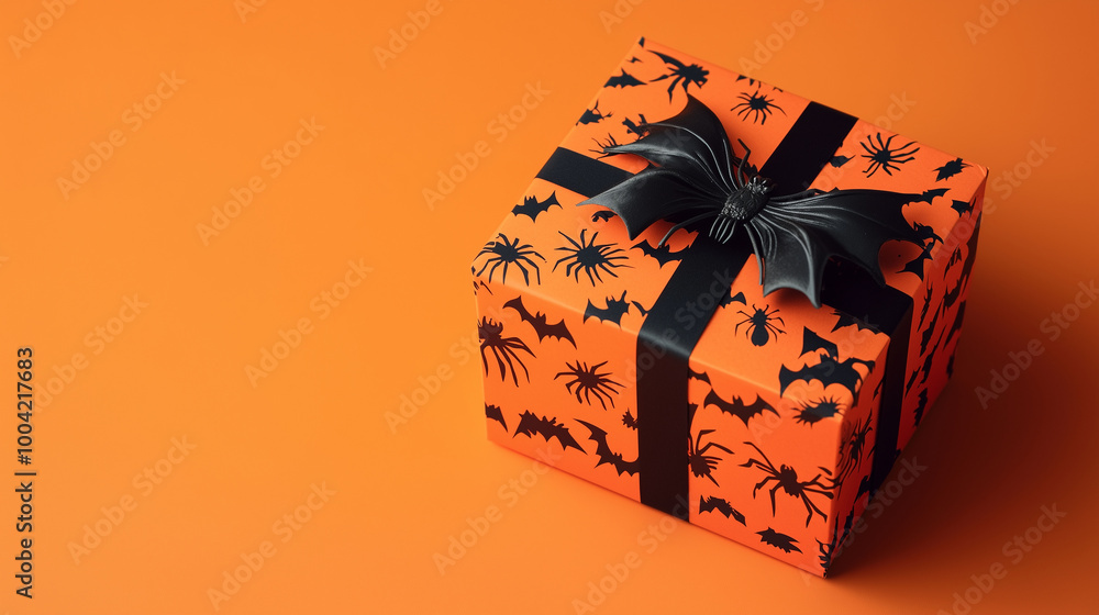 Halloween gift box with eerie black bats and spiders, placed on a vibrant orange background, perfect for spooky celebrations and festive Thanksgiving