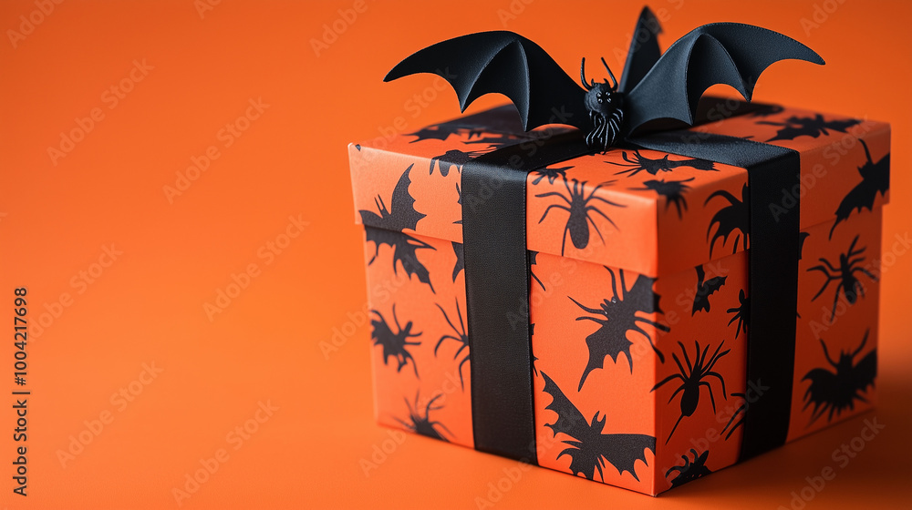 Halloween gift box with eerie black bats and spiders, placed on a vibrant orange background, perfect for spooky celebrations and festive Thanksgiving