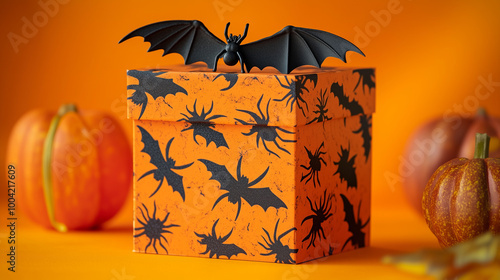 Obraz na płótnie Halloween gift box with eerie black bats and spiders, placed on a vibrant orange background, perfect for spooky celebrations and festive Thanksgiving w salonie