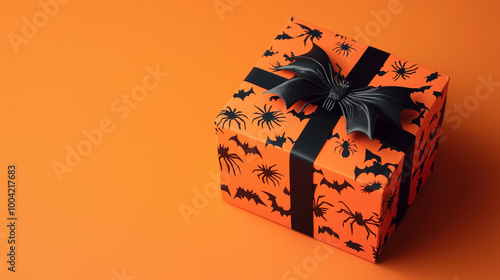Obraz na płótnie Halloween gift box with eerie black bats and spiders, placed on a vibrant orange background, perfect for spooky celebrations and festive Thanksgiving w salonie