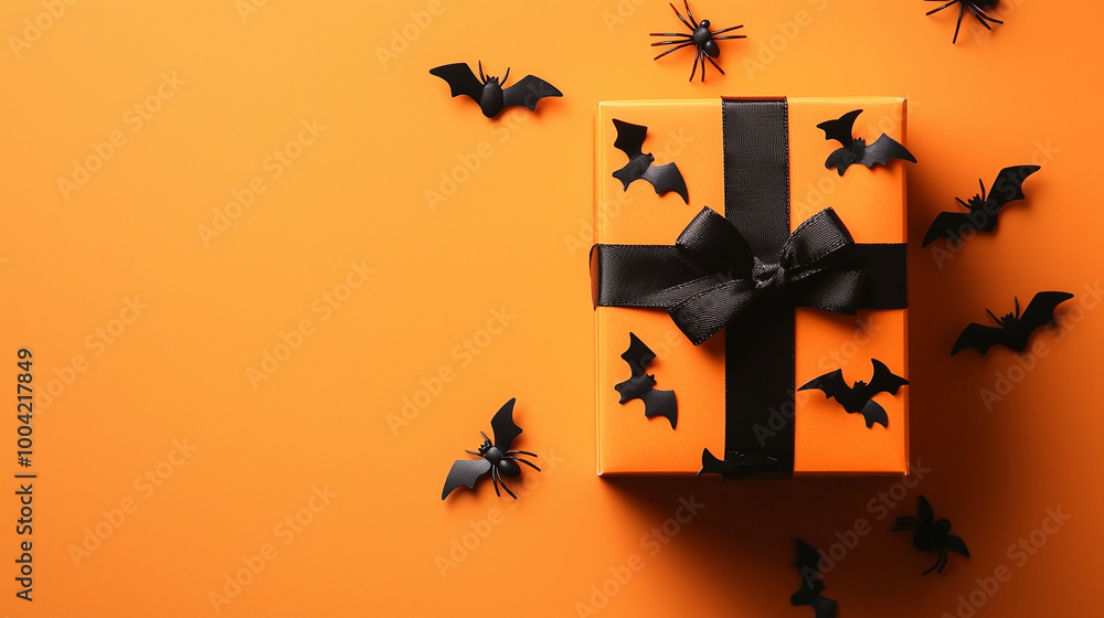 Halloween gift box with black bats and spiders arranged neatly on an orange background, perfect for spooky celebrations