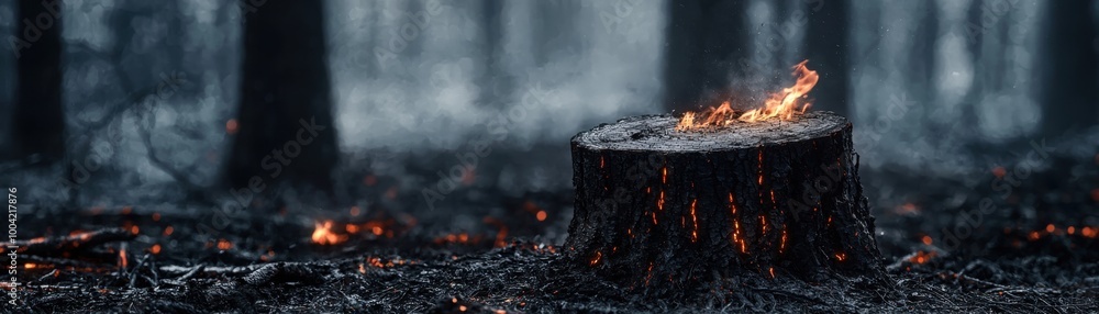 A charred tree stump amidst a smoky forest, evoking a sense of loss and resilience in nature's recovery from fire. A charred tree stump amidst a smoky forest, evoking a sense of loss and resilience in nature's recovery from fire.